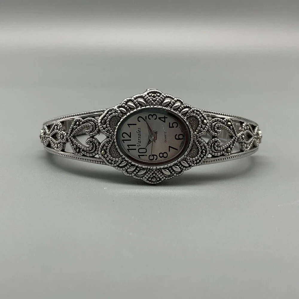 Varsales Womens Watch 22mm Silver Dial Filigree Heart Marcasite New Battery